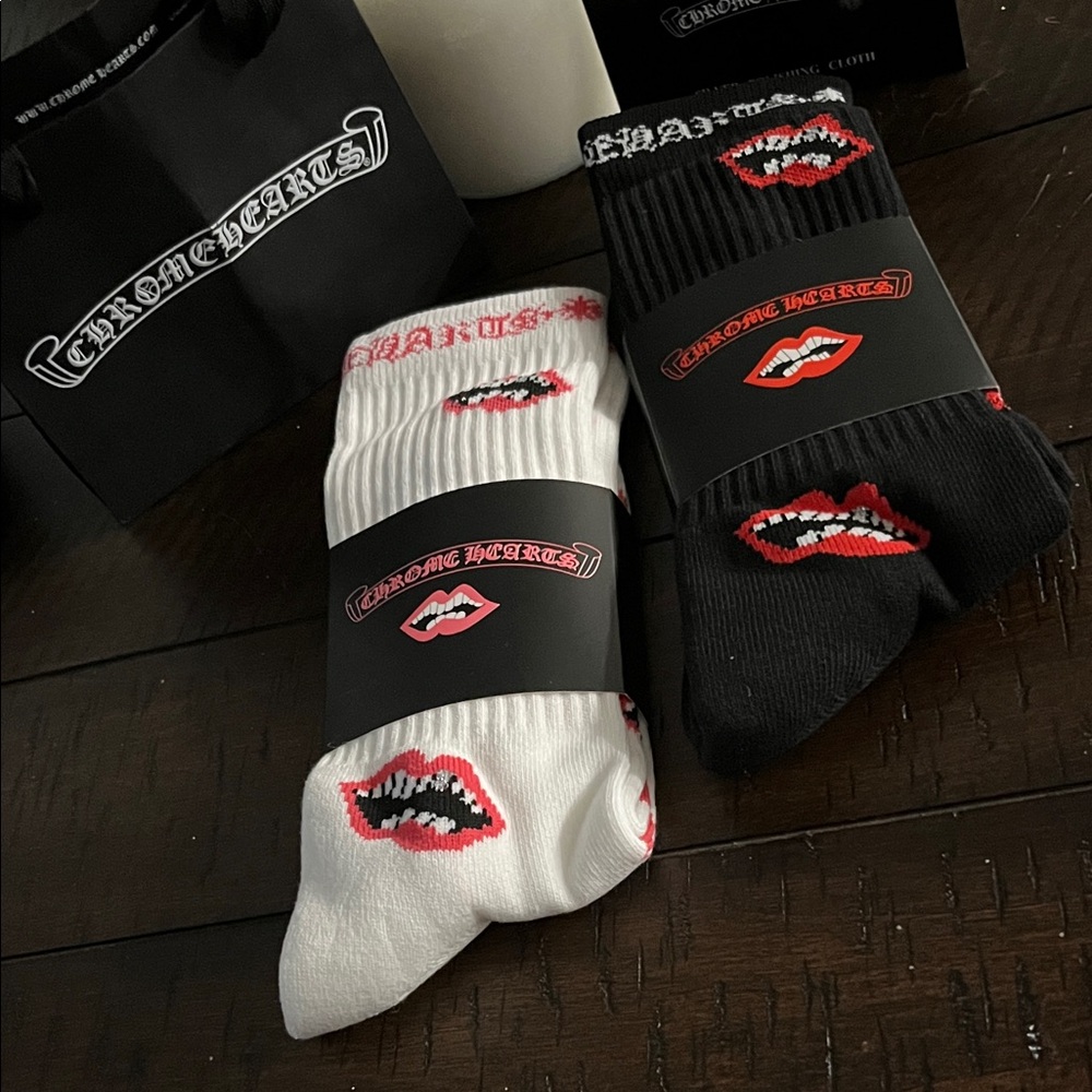 Chrome Hearts Crew Socks with Red Lip Motif in Black & White